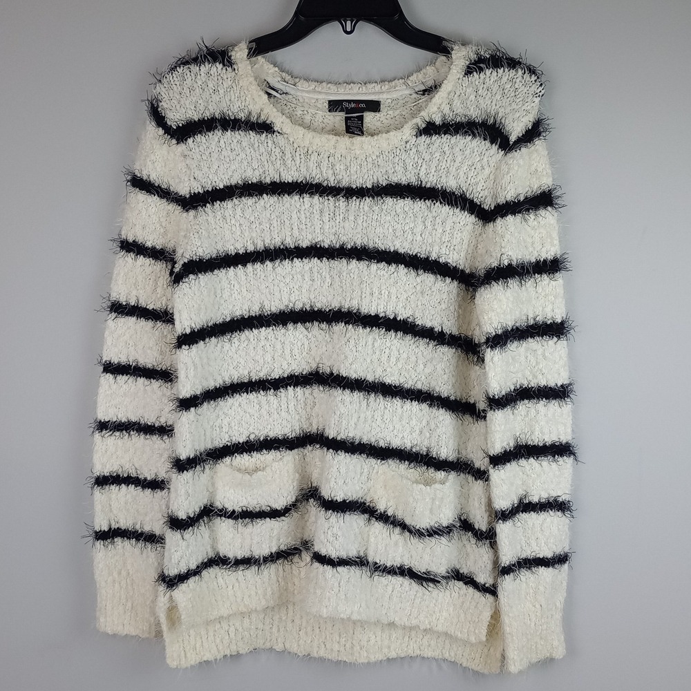 Style & Co Womens M Ivory Black Striped Eyelash Knit Pockets Pullover Sweater
